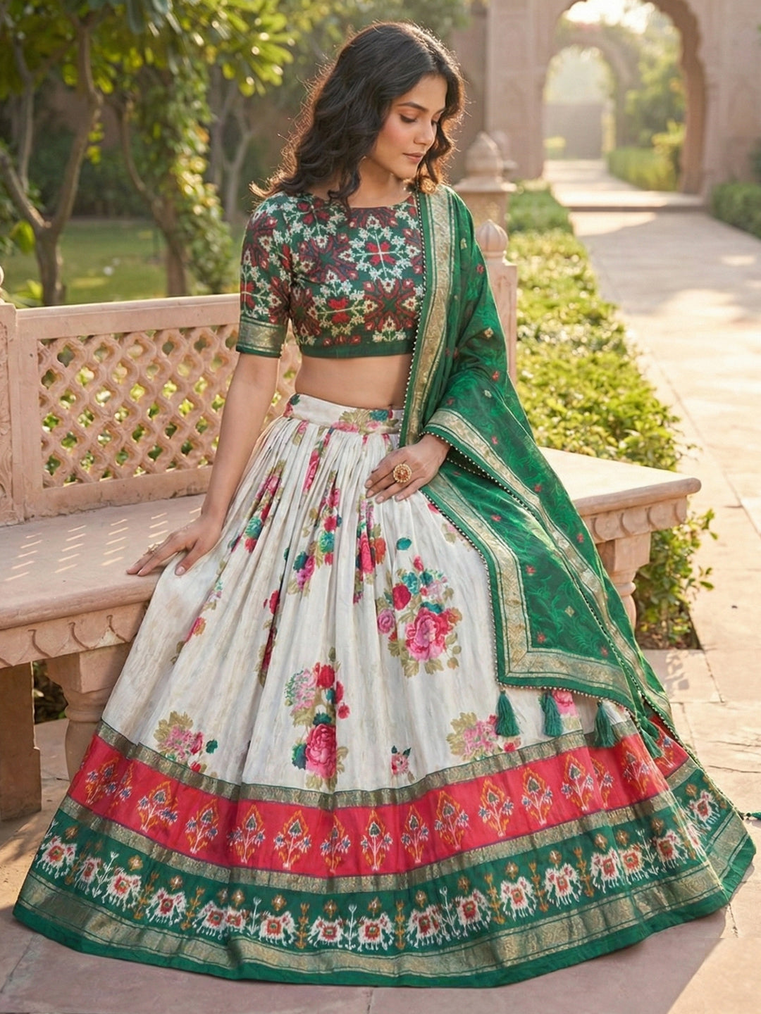Green Floral Tussar Silk Lehenga Choli Set with Foil Work