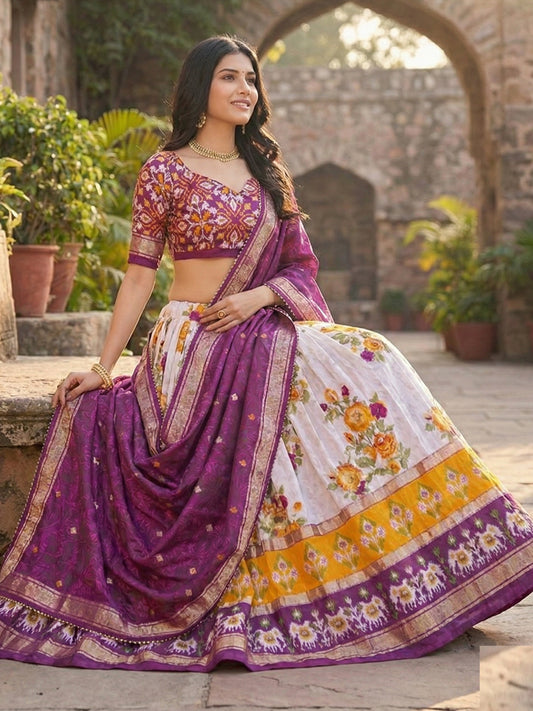 Purple Floral Tussar Silk Lehenga Choli Set with Foil Work