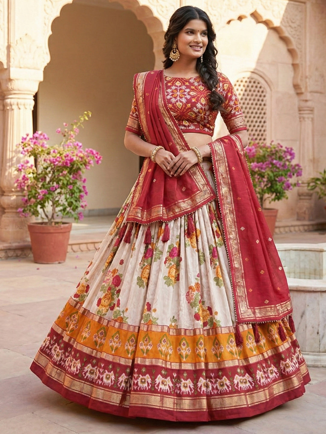 Red Floral Tussar Silk Lehenga Choli Set with Foil Work