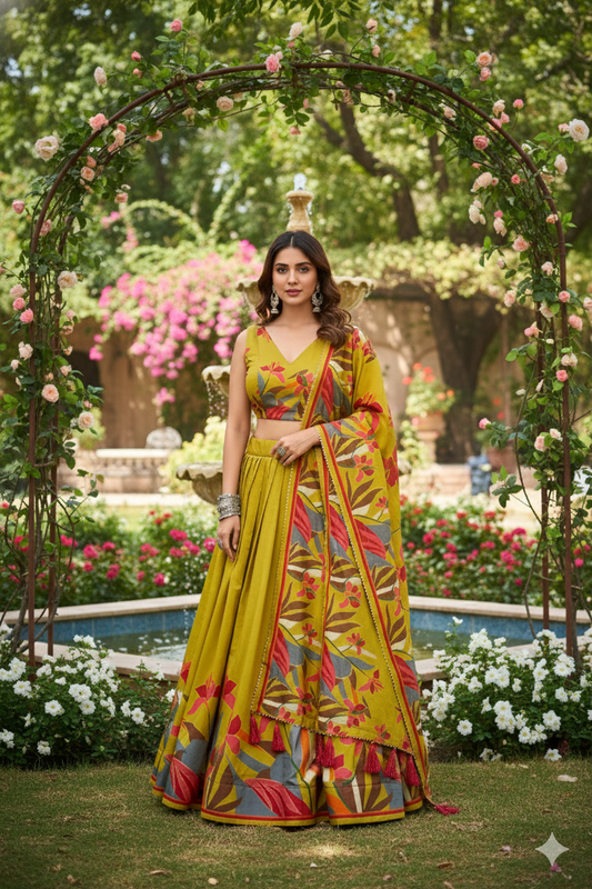 Yellow Floral Print Tusser Silk Lehenga Choli