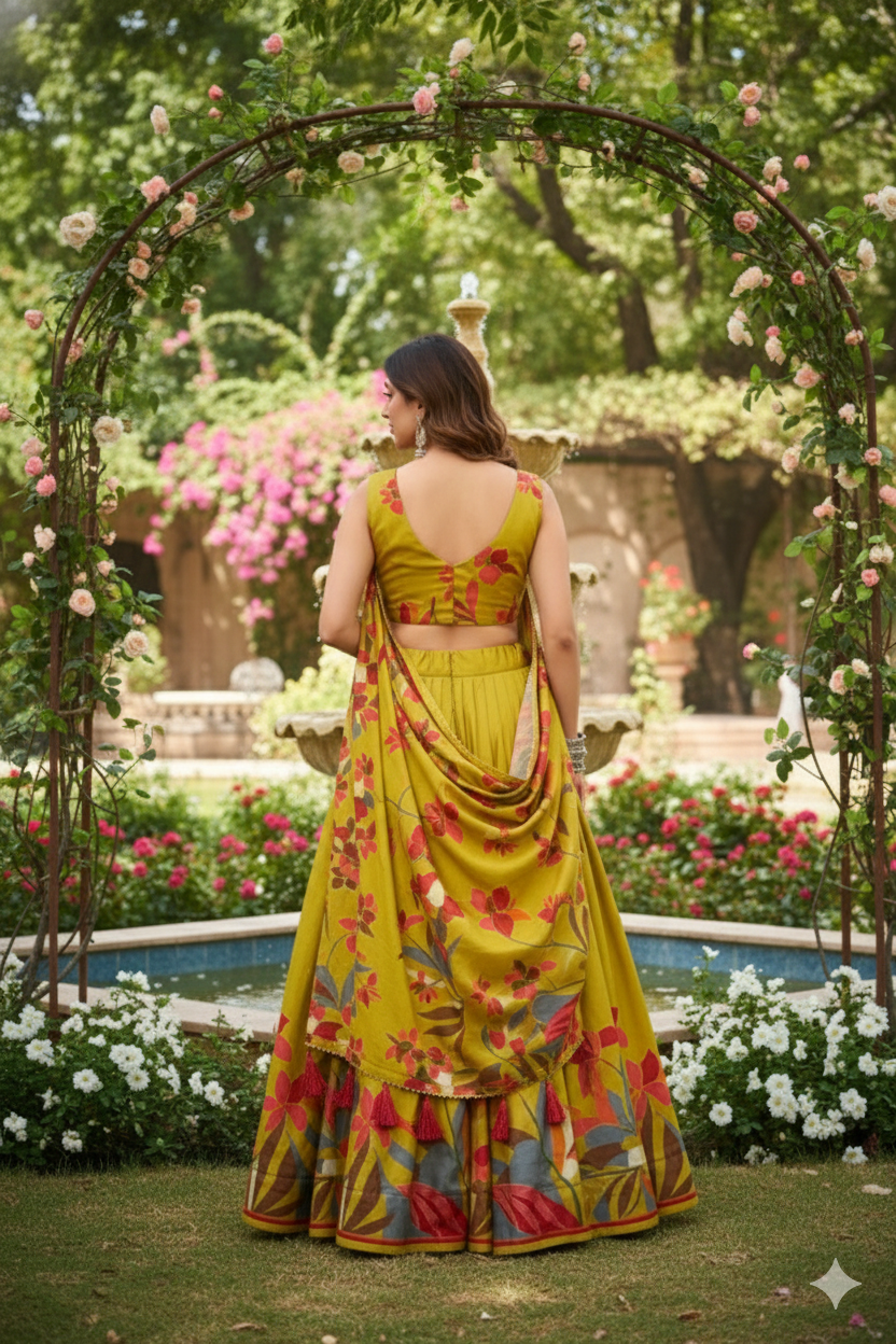 Yellow Floral Print Tusser Silk Lehenga Choli