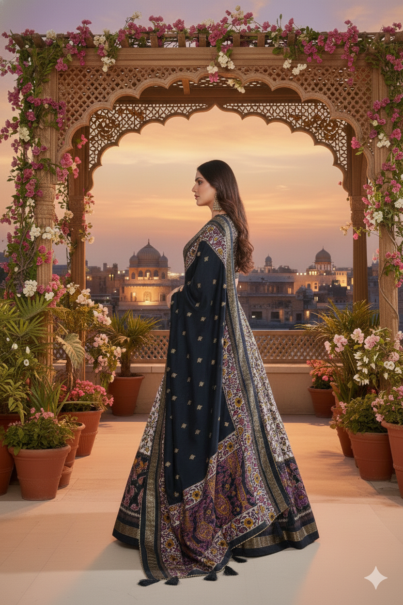 Black Tusser Silk Floral Print Lehenga Choli Set with Foil Work