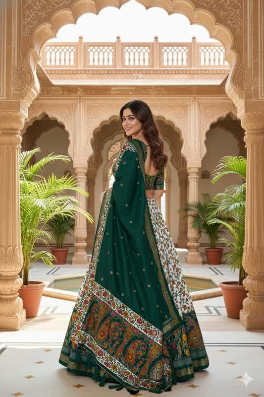 Green Tusser Silk Floral Print Lehenga Choli Set with Foil Work
