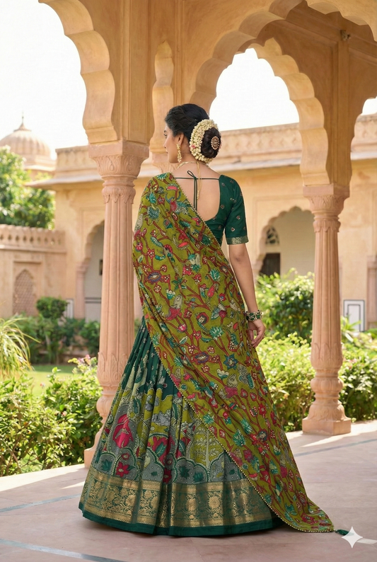 Green Tusser Silk Floral Print Lehenga Choli Set with Foil Work