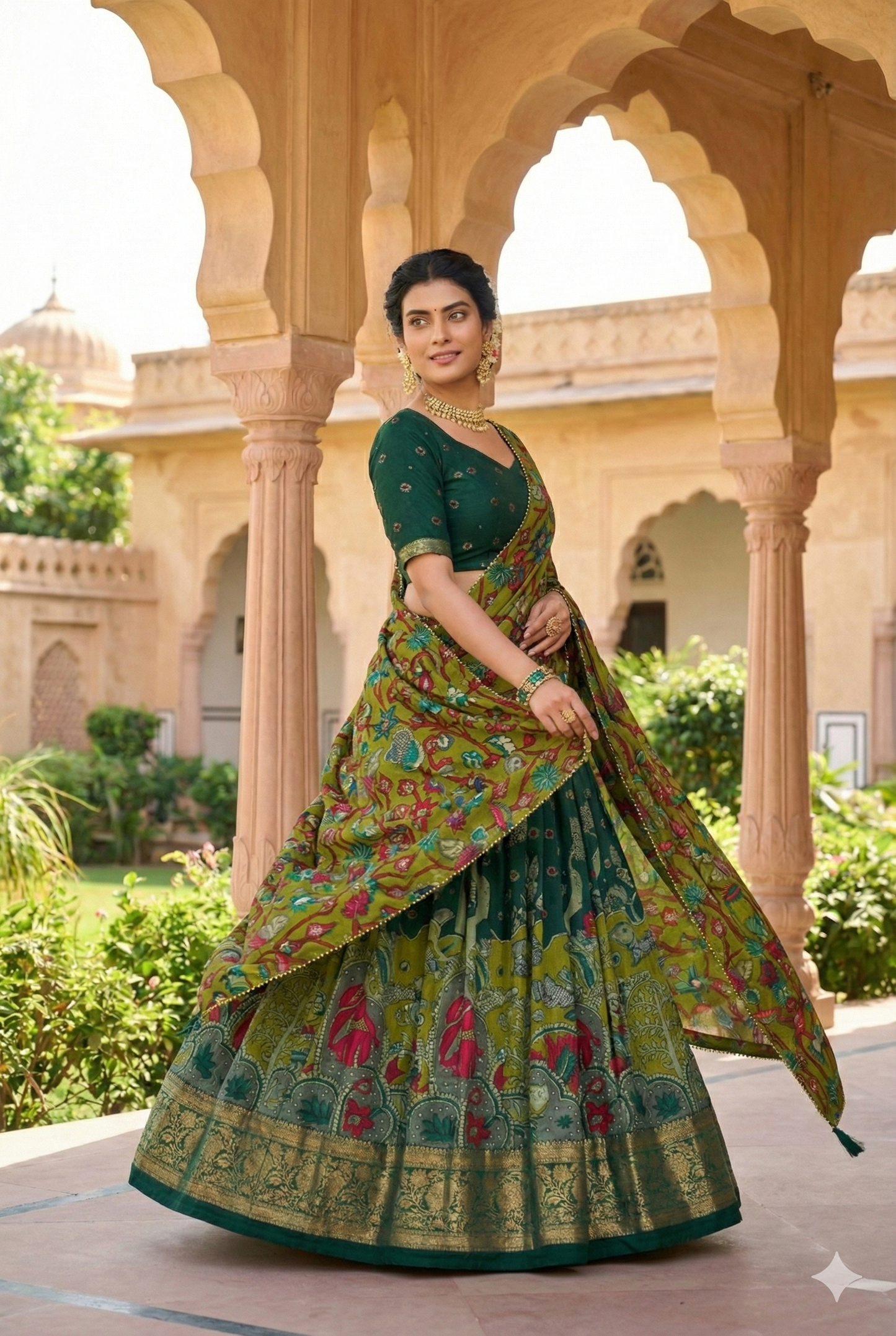 Green Tusser Silk Floral Print Lehenga Choli Set with Foil Work