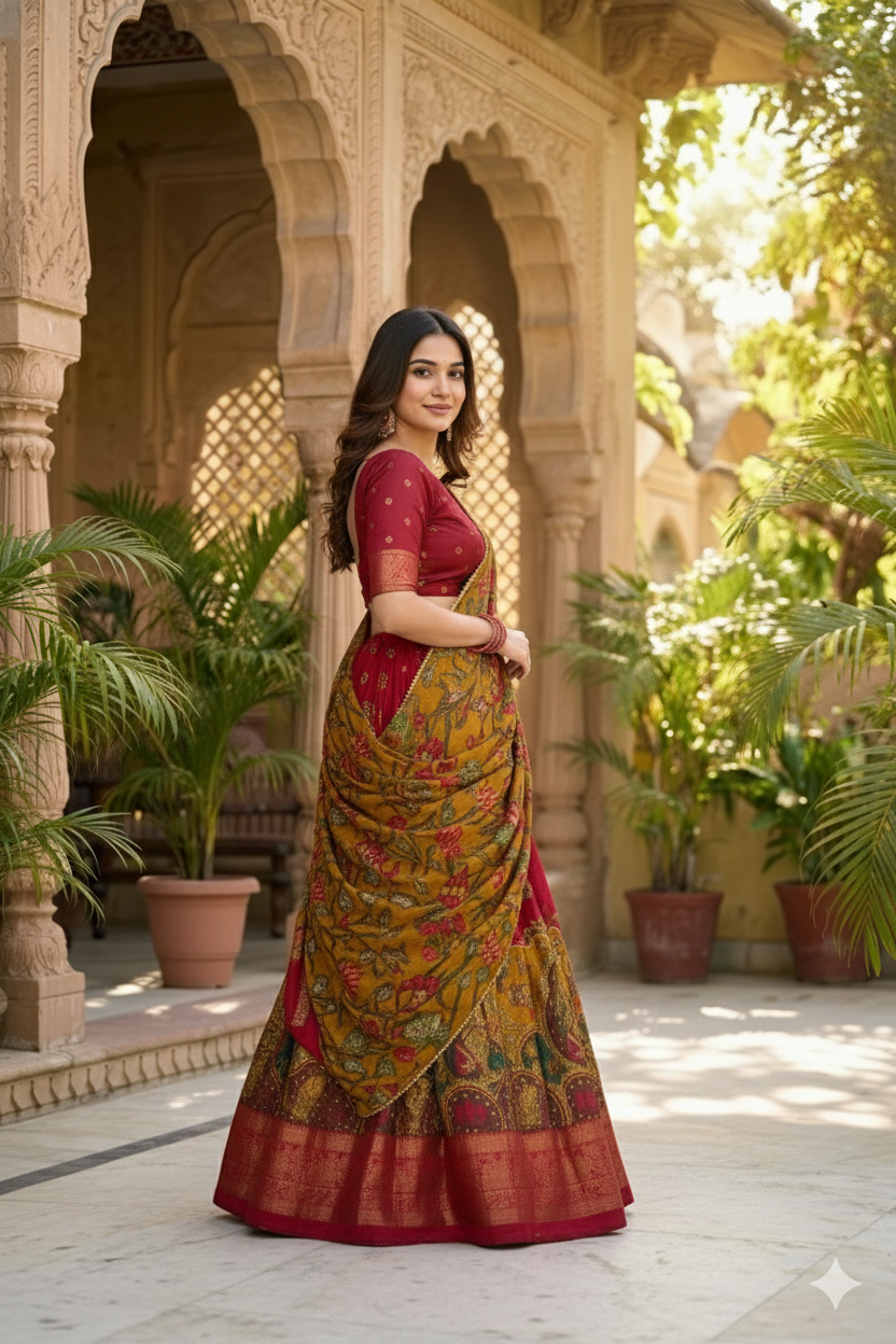 Red Tusser Silk Floral Print Lehenga Choli Set with Foil Work