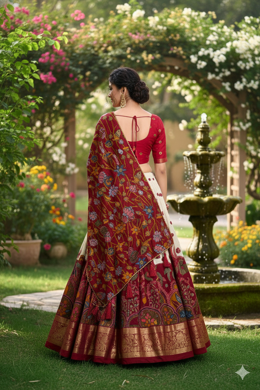 White Tusser Silk Floral Print Lehenga Choli Set with Foil Work