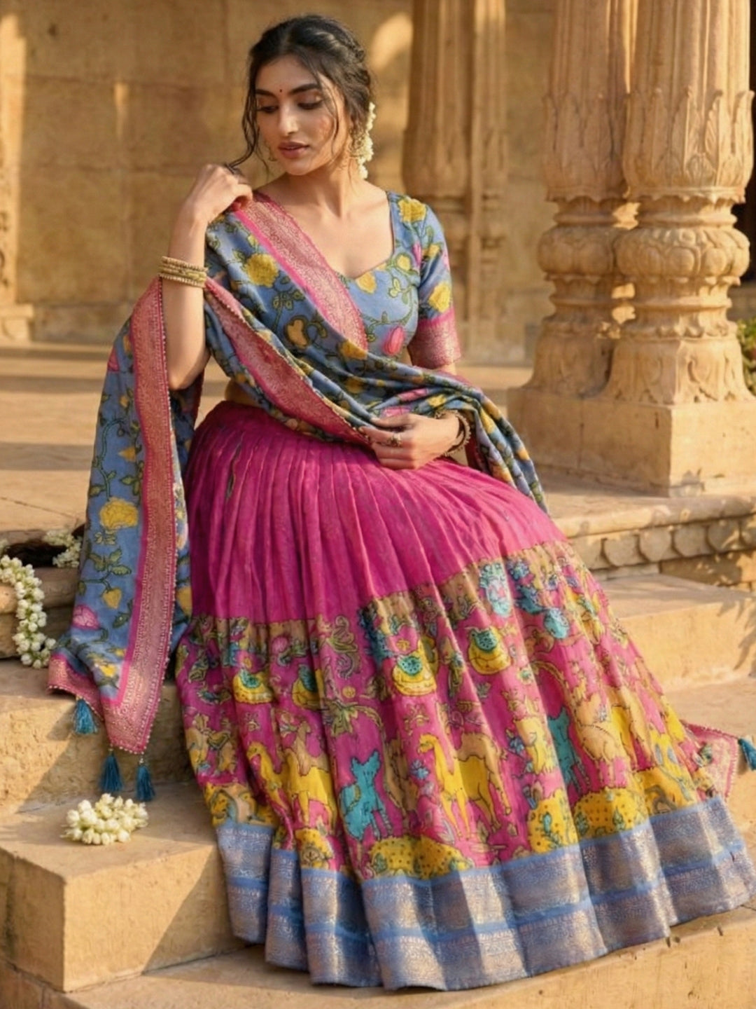 Tussar Silk Floral Print Lehenga Choli with Jacquard Border & Foil Work
