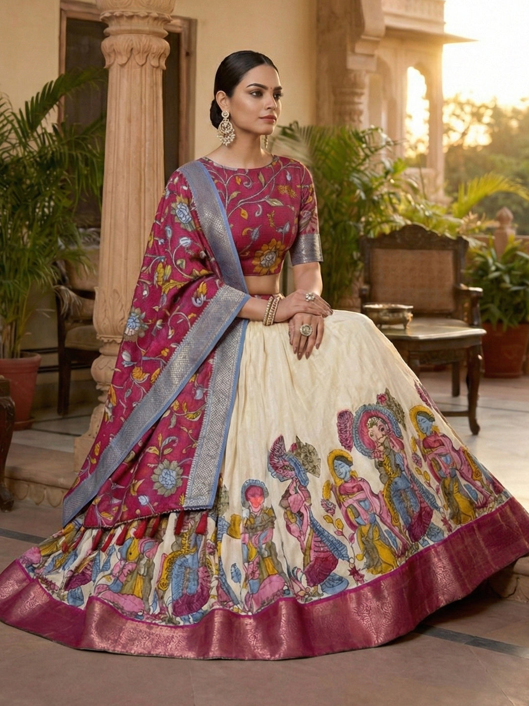 WhiteTusser Silk Floral Print Lehenga Choli