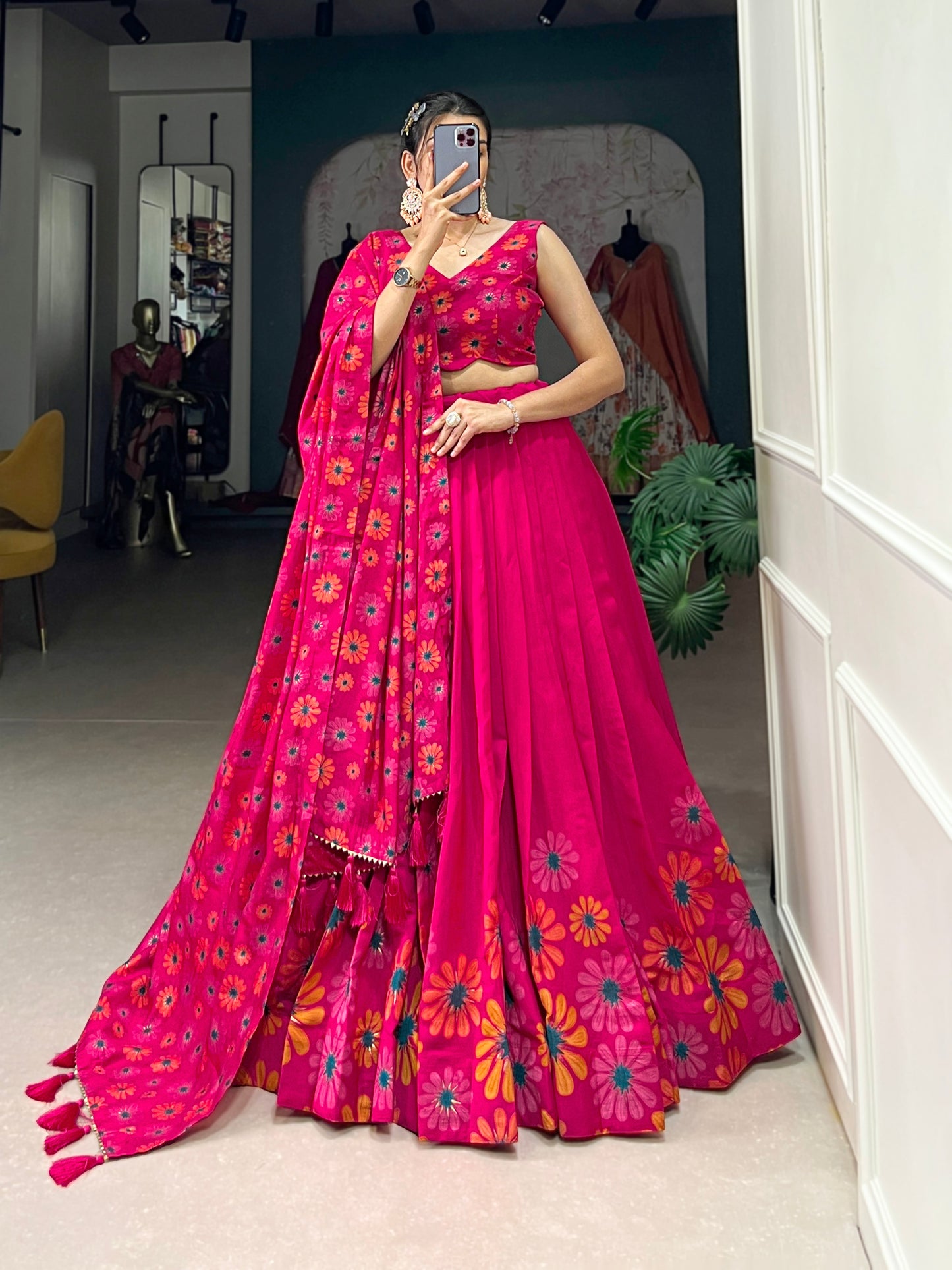 Floral Print Tussar Silk Lehenga Choli with Foil Work & Gotta Patti Dupatta