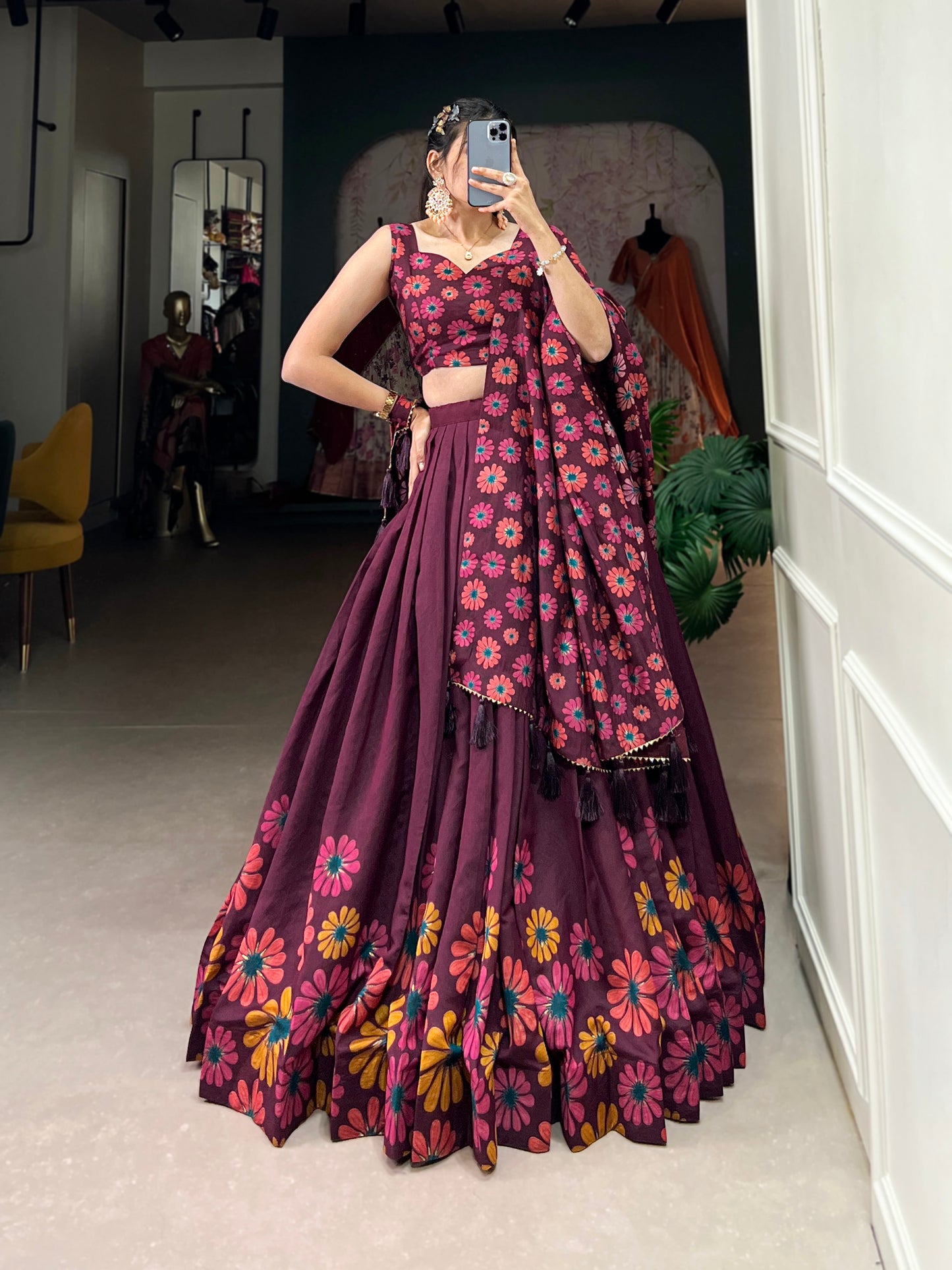 Floral Print Tussar Silk Lehenga Choli with Foil Work & Gotta Patti Dupatta