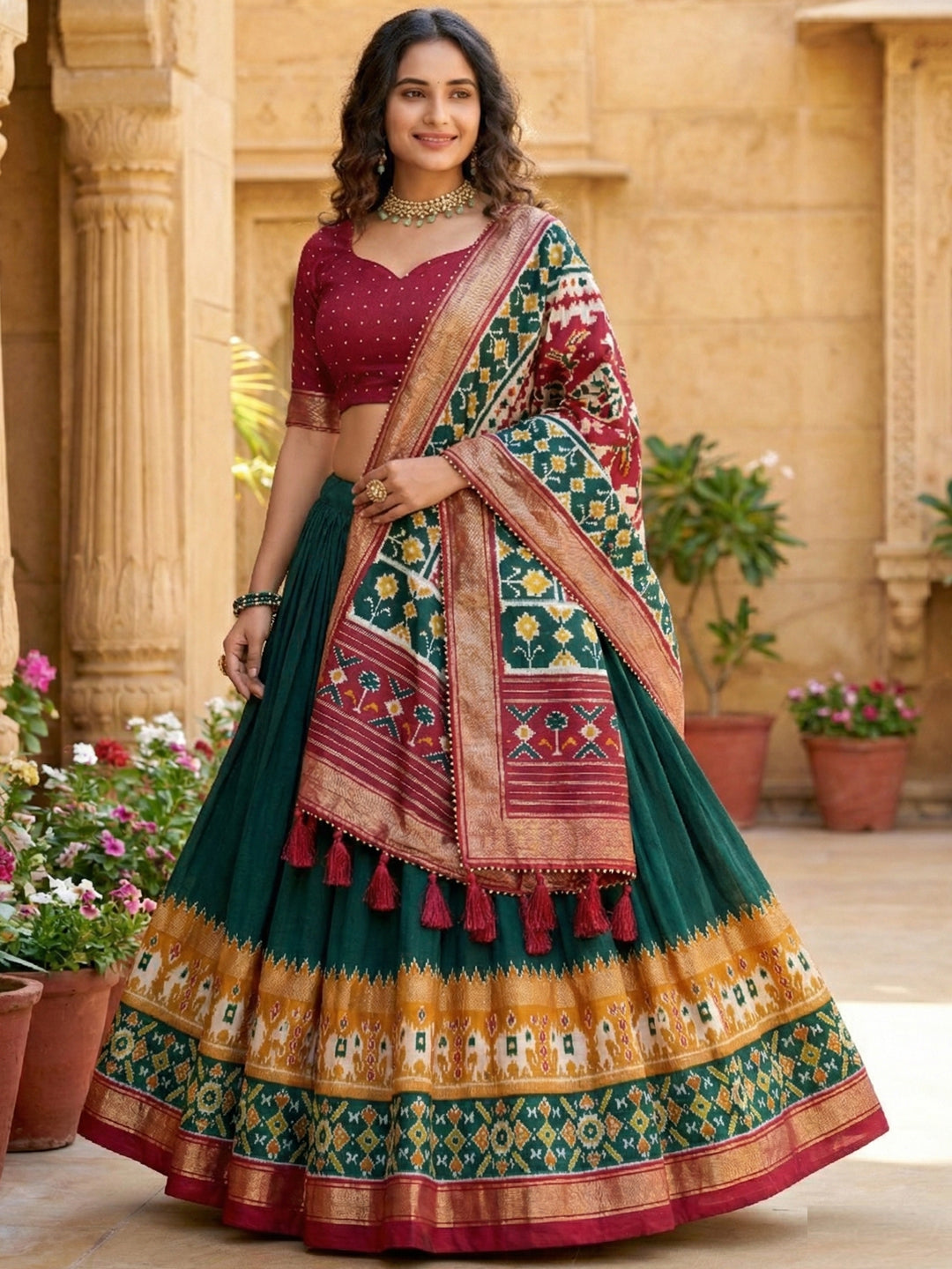 Green Floral Print Tusser Silk Lehenga Choli