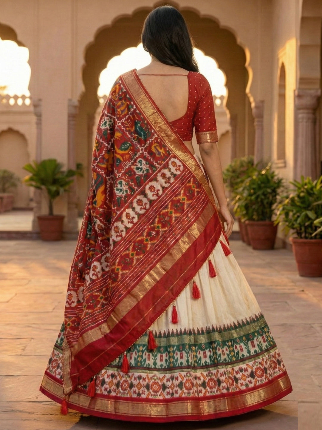 White Floral Print Tusser Silk Lehenga Choli