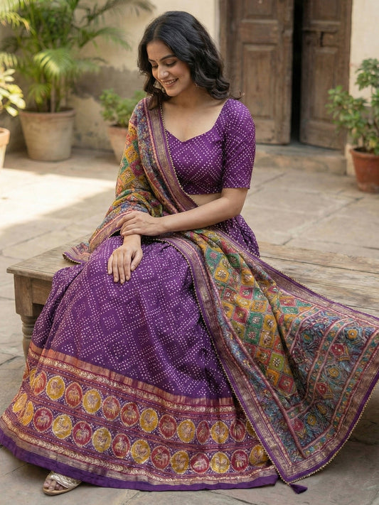 Purple Floral Print Tussar Silk Lehenga Choli with Foil Work & Gotta Patti Dupatta