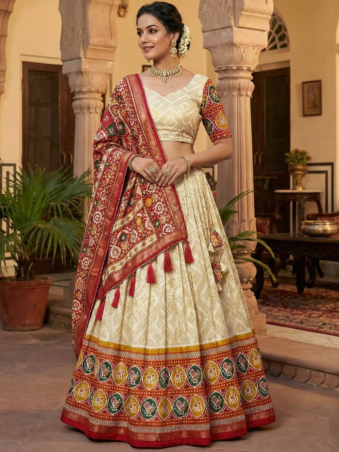 Off White Floral Print Tussar Silk Lehenga Choli with Foil Work & Gotta Patti Dupatta