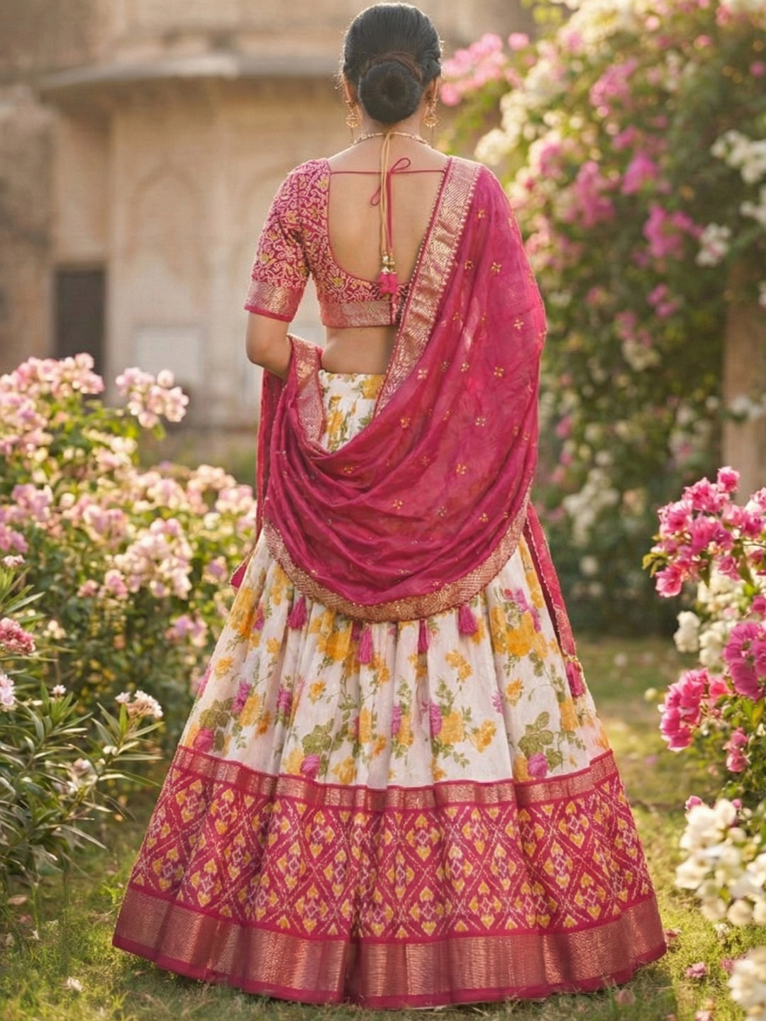 Pink Tusser Silk Floral Print Lehenga Choli Set