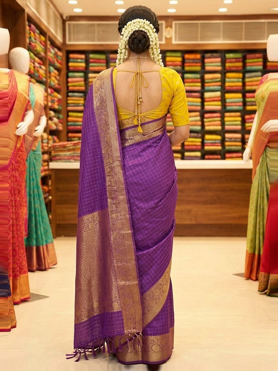 Purple Soft Dola Cotton Print Saree with Kanjivaram Zari Border