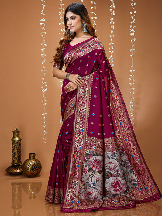 Wine Soft Lichi Silk Jacquard Saree with Rich Floral Pallu