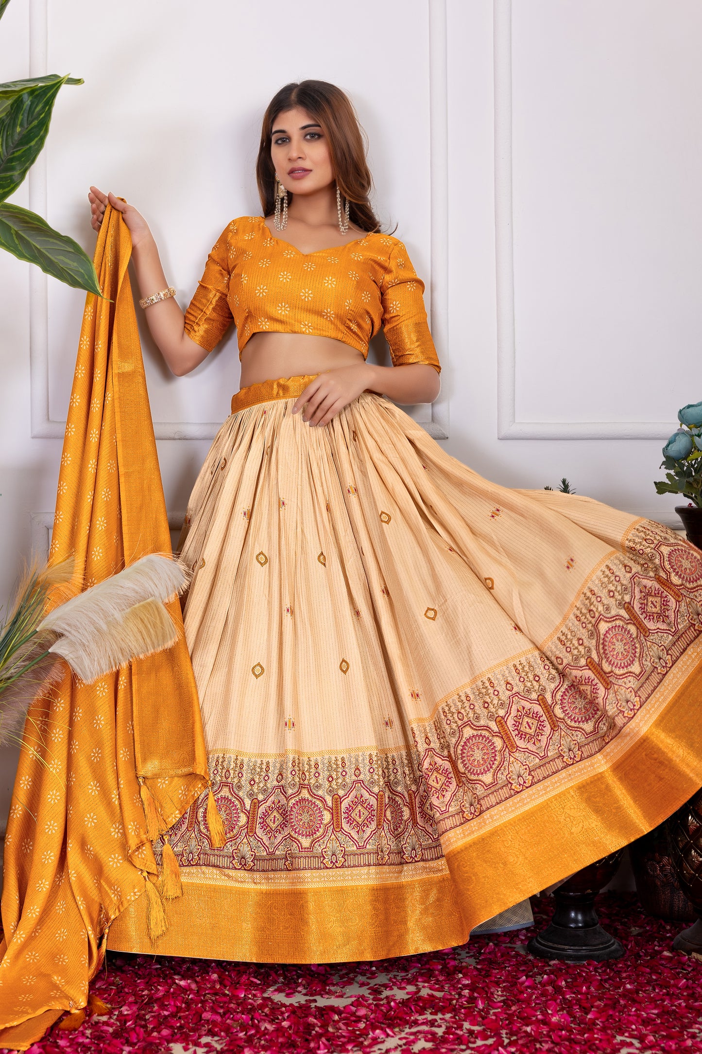 Elegant Tusser Silk Floral Print Lehenga Choli with Foil Work & Jacquard Border