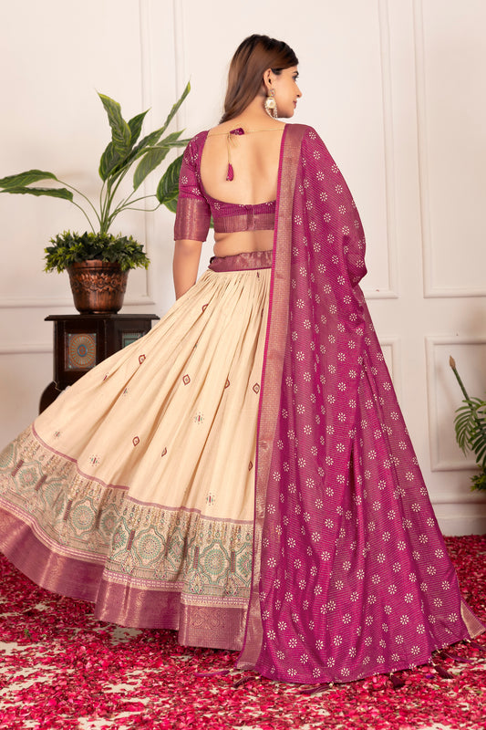 Elegant Tusser Silk Floral Print Lehenga Choli with Foil Work & Jacquard Border