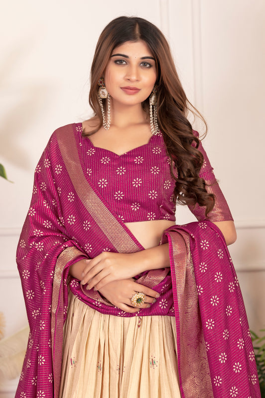 Elegant Tusser Silk Floral Print Lehenga Choli with Foil Work & Jacquard Border