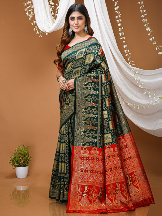 Green Soft Lichi Silk Saree with All-Over Jacquard Work