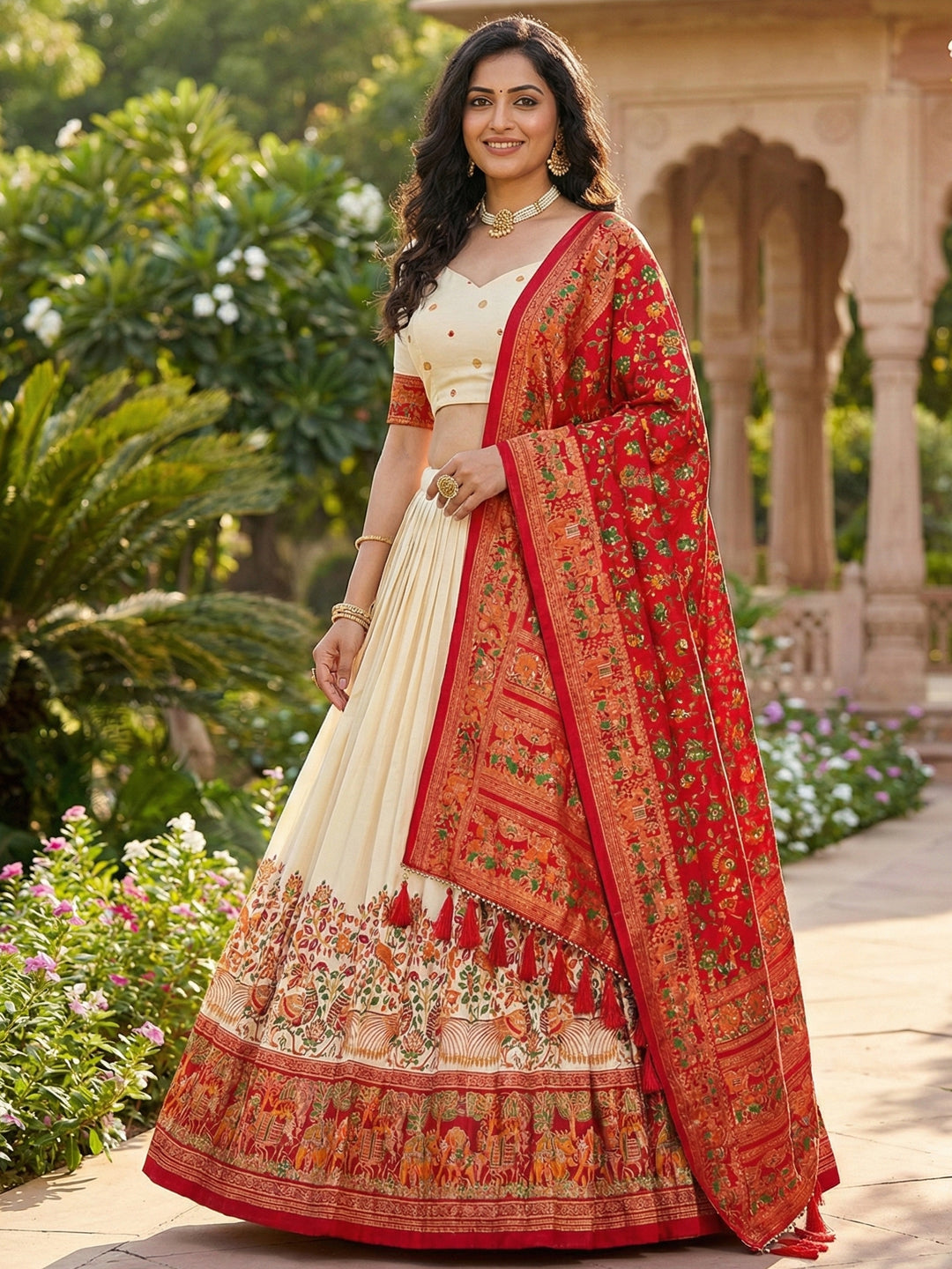 Pink Tusser Silk Floral Print Lehenga Choli Set for Weddings and Festivals
