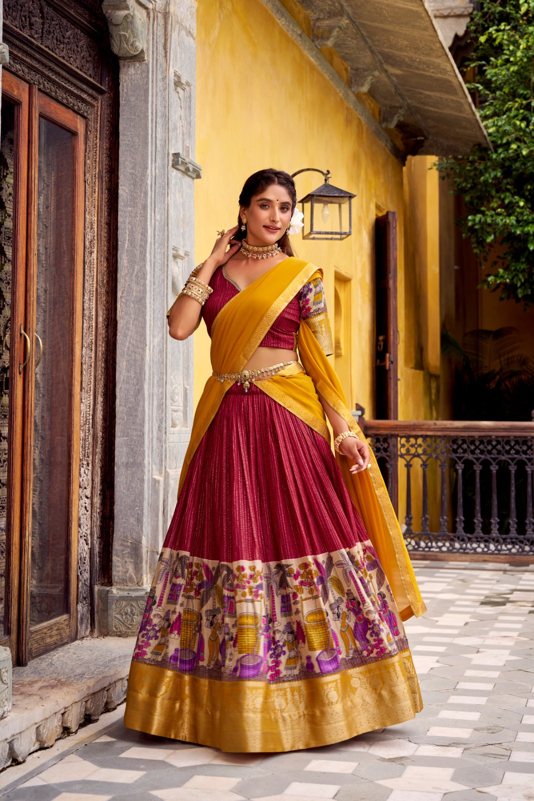Tusser Silk Foil Work Floral Print Lehenga Choli With Georgette Dupatta