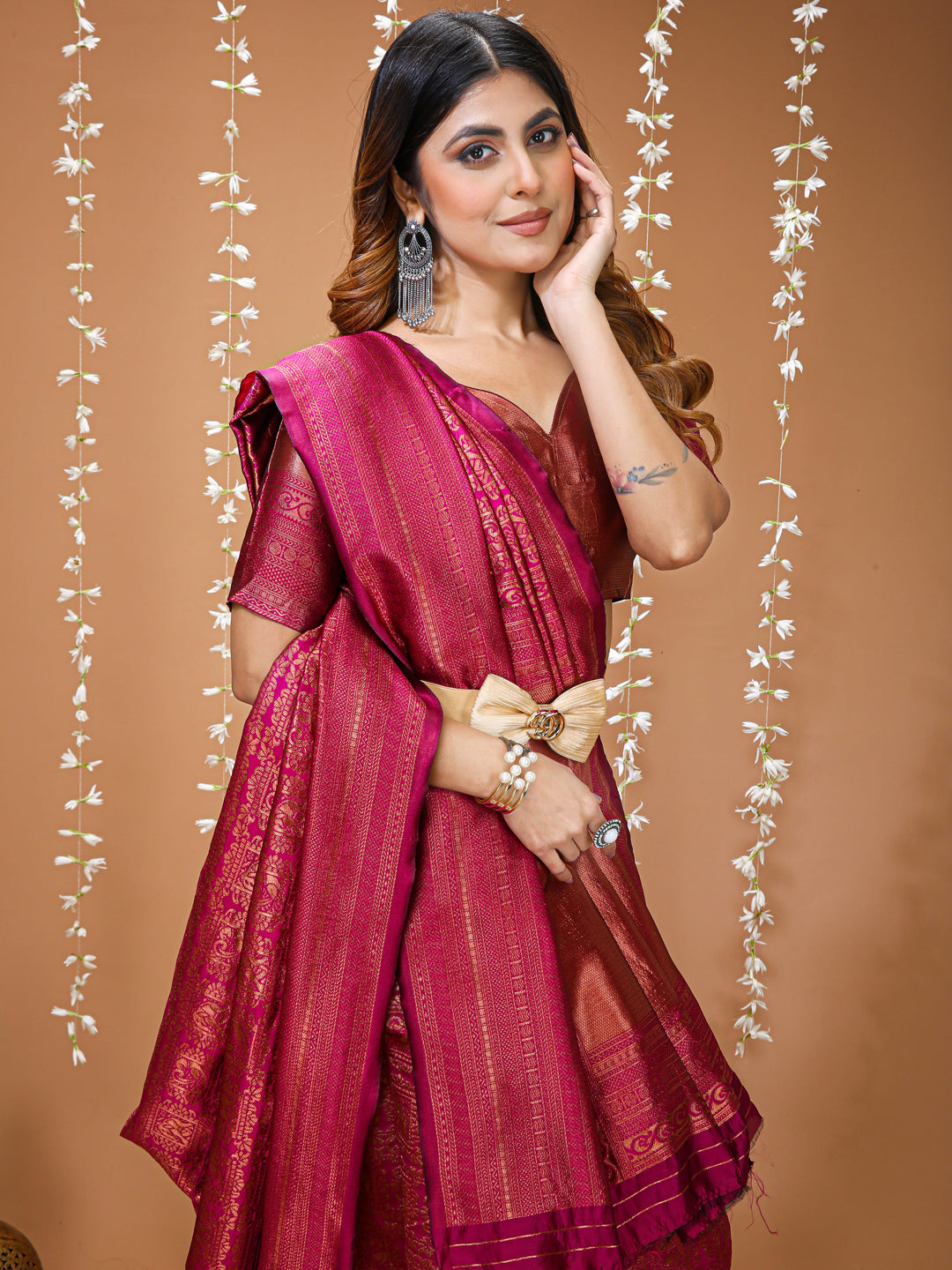 Pink Lichi Silk Jacquard Saree with Elegant Border