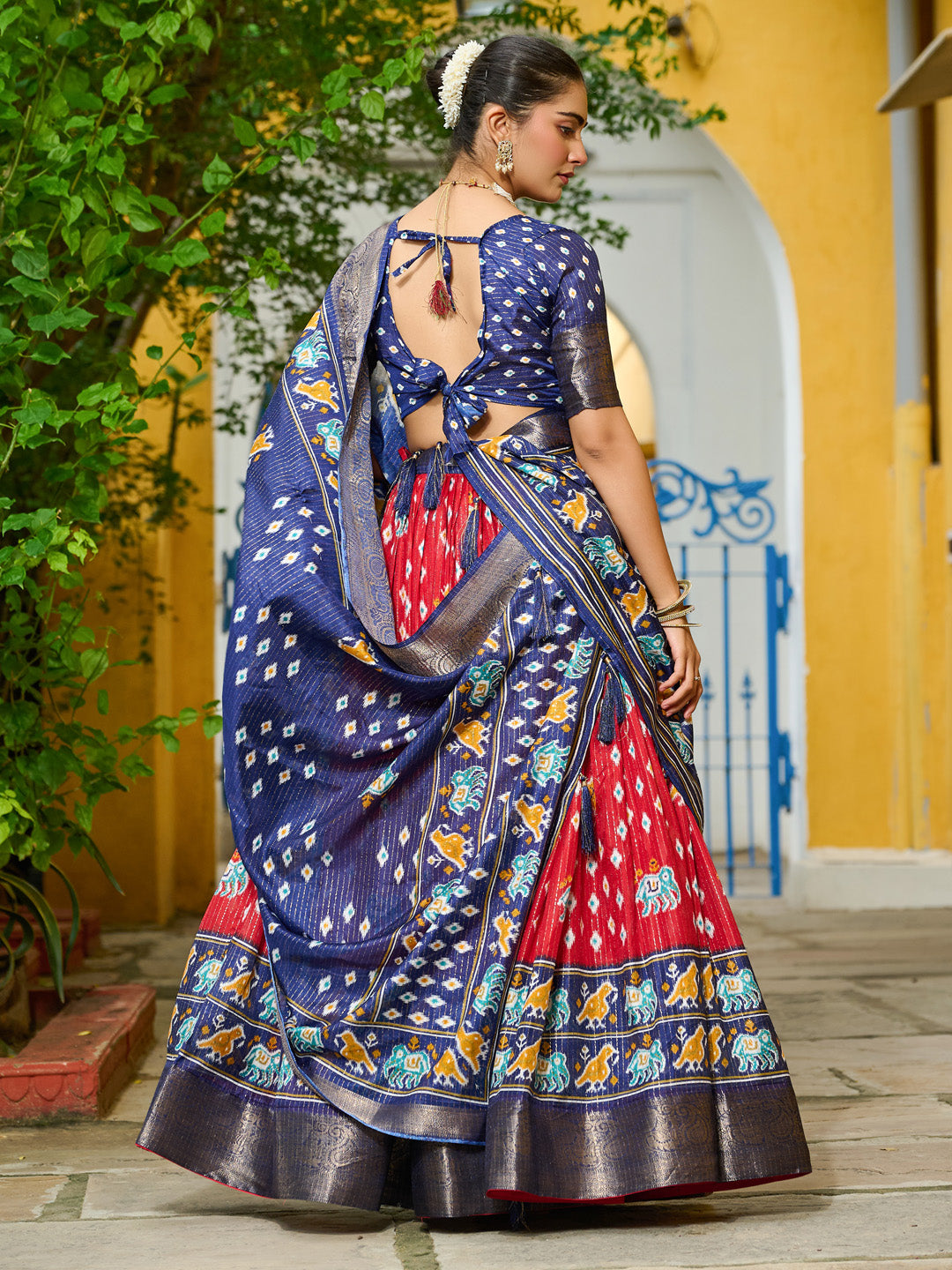 Red Lichi Silk Jacquard Lehenga Choli with Zari Lining & Traditional Print