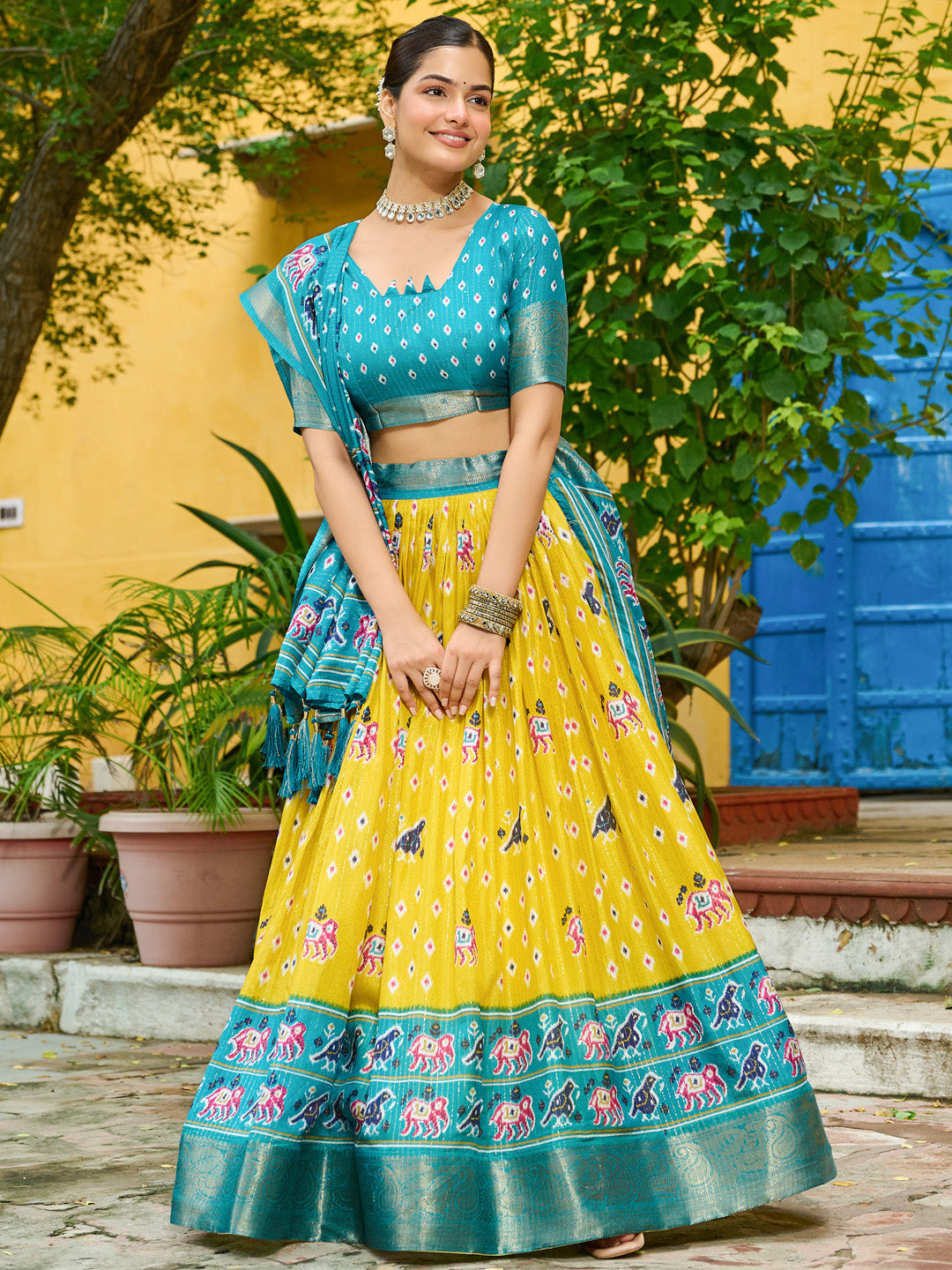 Yellow Lichi Silk Jacquard Lehenga Choli with Zari Lining & Traditional Print