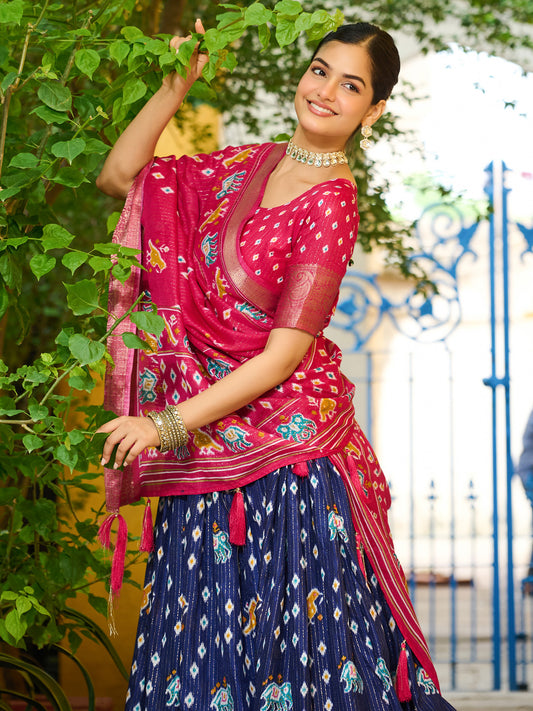 Blue Lichi Silk Jacquard Lehenga Choli with Zari Lining & Traditional Print