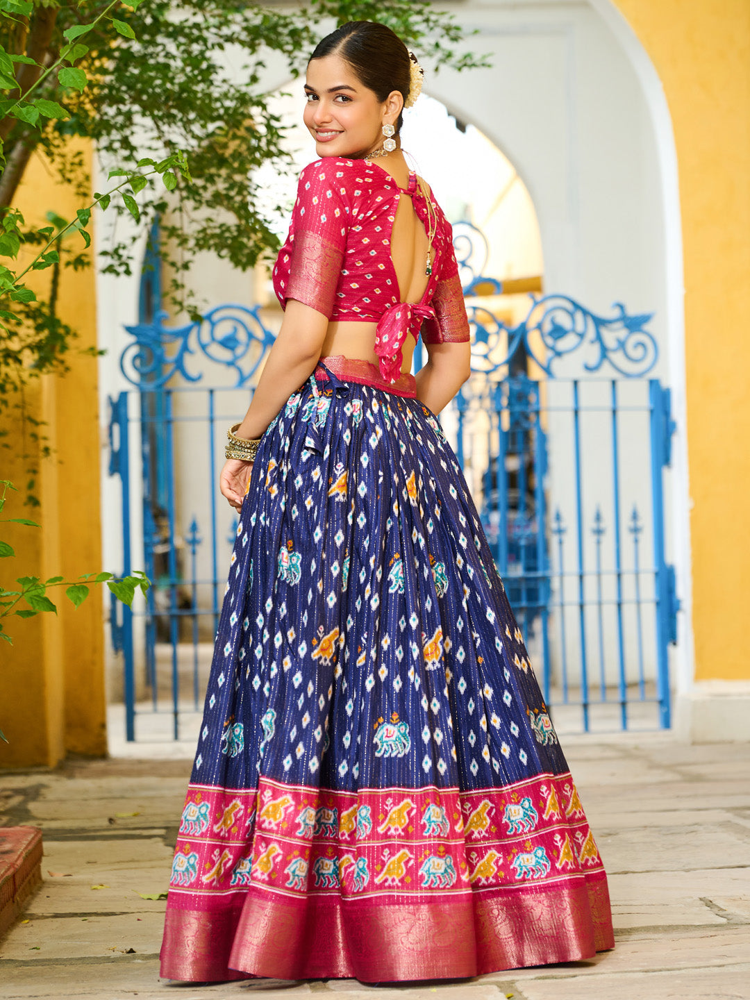 Blue Lichi Silk Jacquard Lehenga Choli with Zari Lining & Traditional Print