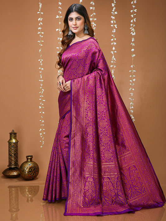 Magenta Kanchipuram Lichi Silk Saree with Jacquard Border Blouse