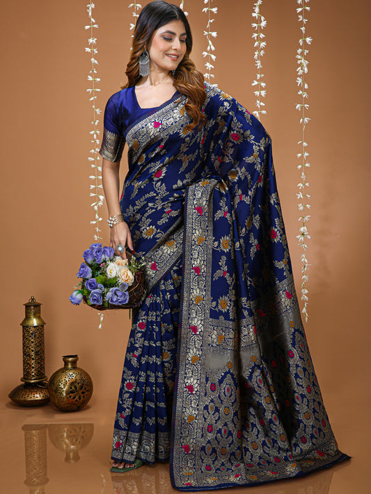 Navy Blue Soft Lichi Silk Saree with Rich Pallu & Jacquard Border
