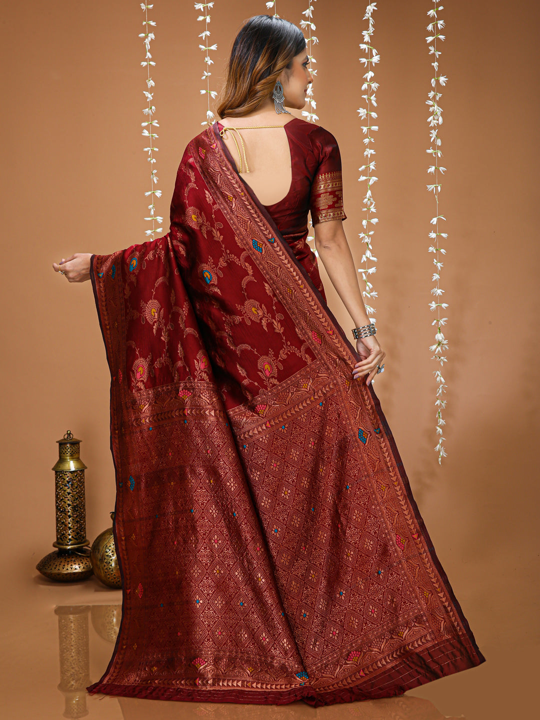 Maroon Soft Lichi Silk Kanchipuram Jacquard Saree with Rich Pallu