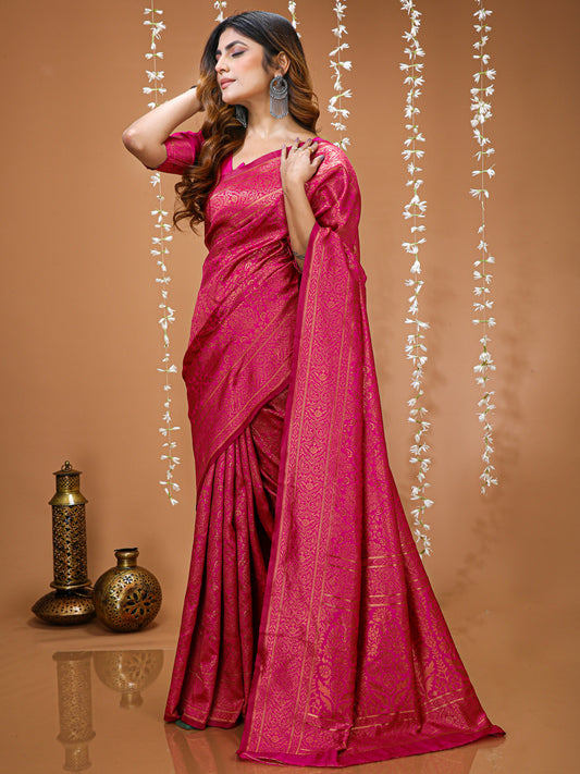 Pink Kanchipuram Lichi Silk Saree with Jacquard Border Blouse
