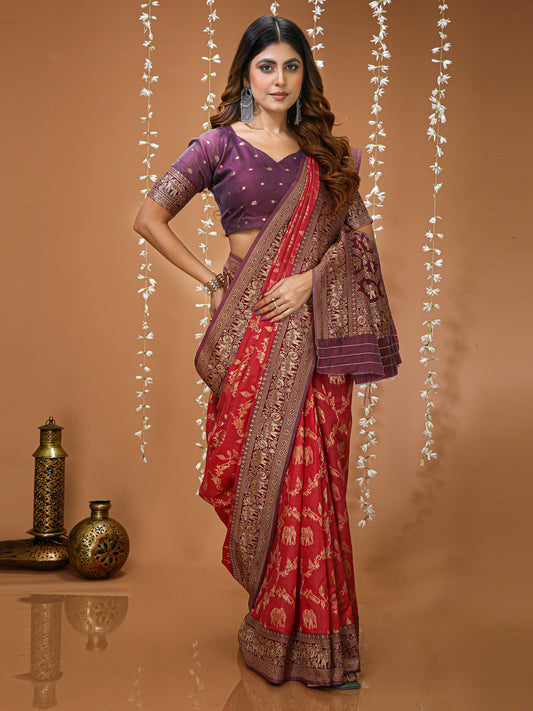 Red Soft Lichi Silk Kanchipuram Jacquard Saree