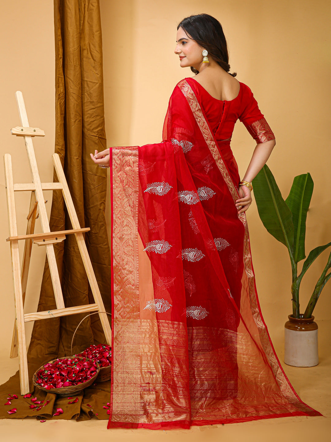 Red Organza Multi-Sequence Saree with Raw Silk Blouse