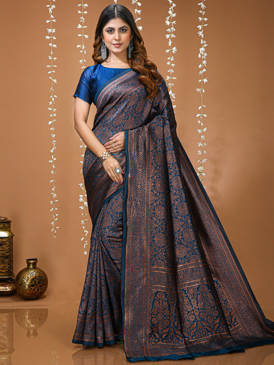 Navy Blue Kanchipuram Lichi Silk Saree with Jacquard Border Blouse