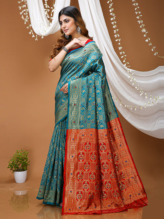 Teal Blue Soft Lichi Silk Saree with Rich Pallu & Jacquard Border