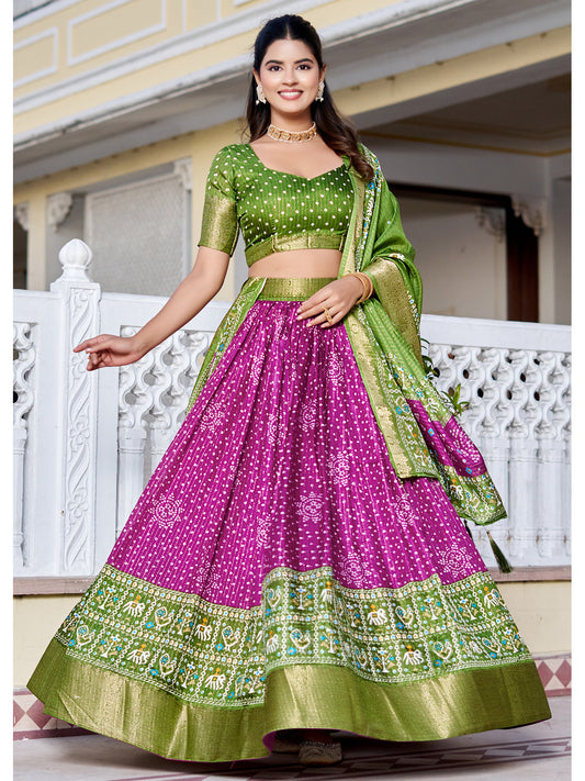 Wine Lichi Silk Printed Lehenga Choli Set