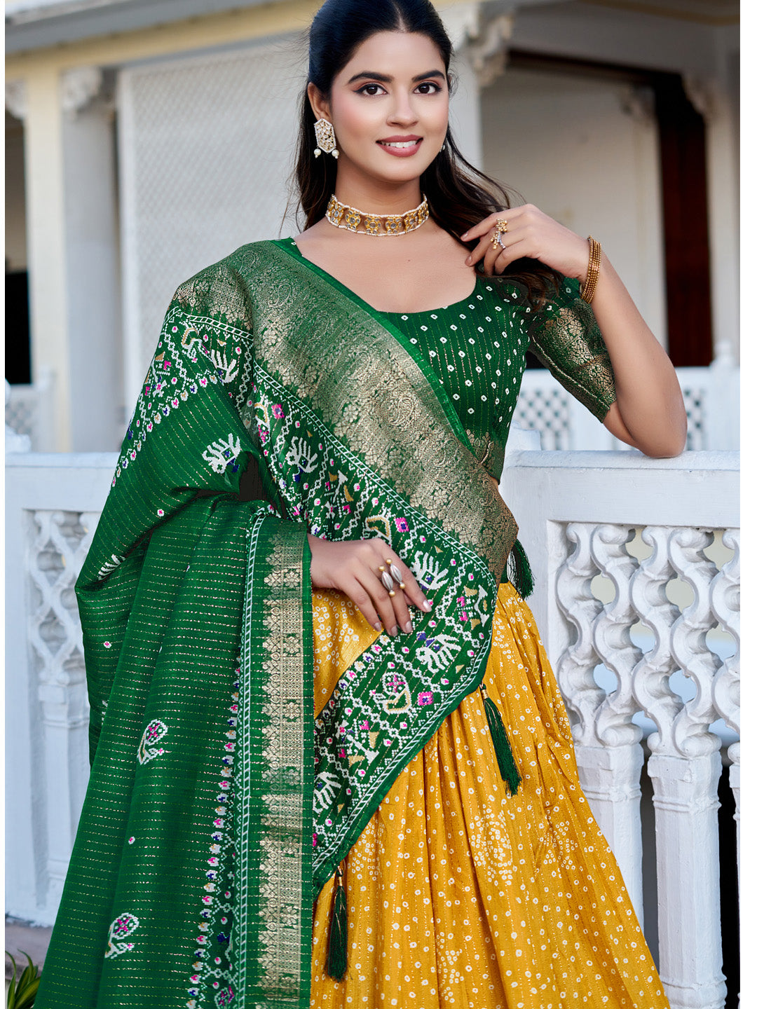 Yellow Lichi Silk Printed Lehenga Choli Set