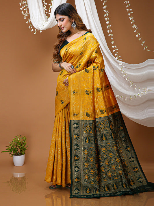 Yellow Lichi Silk Jacquard Weaving Saree with Contrast Blouse
