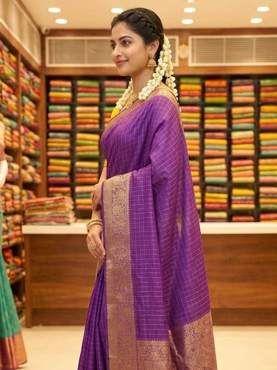 Purple Soft Dola Cotton Print Saree with Kanjivaram Zari Border