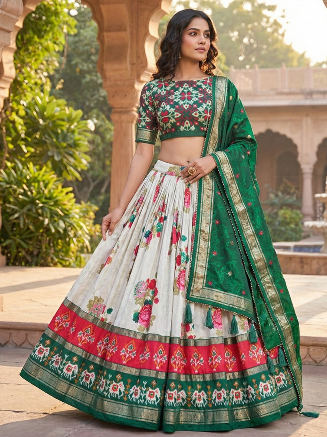 Green Floral Tussar Silk Lehenga Choli Set with Foil Work