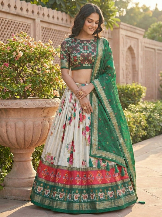 Green Floral Tussar Silk Lehenga Choli Set with Foil Work