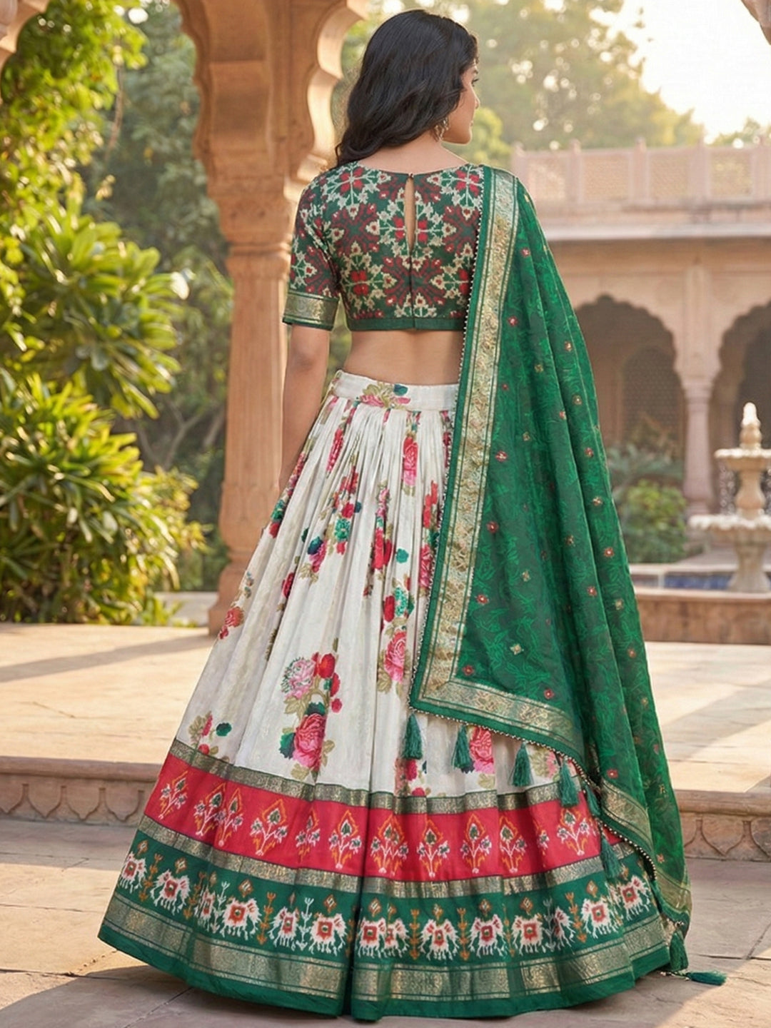 Green Floral Tussar Silk Lehenga Choli Set with Foil Work