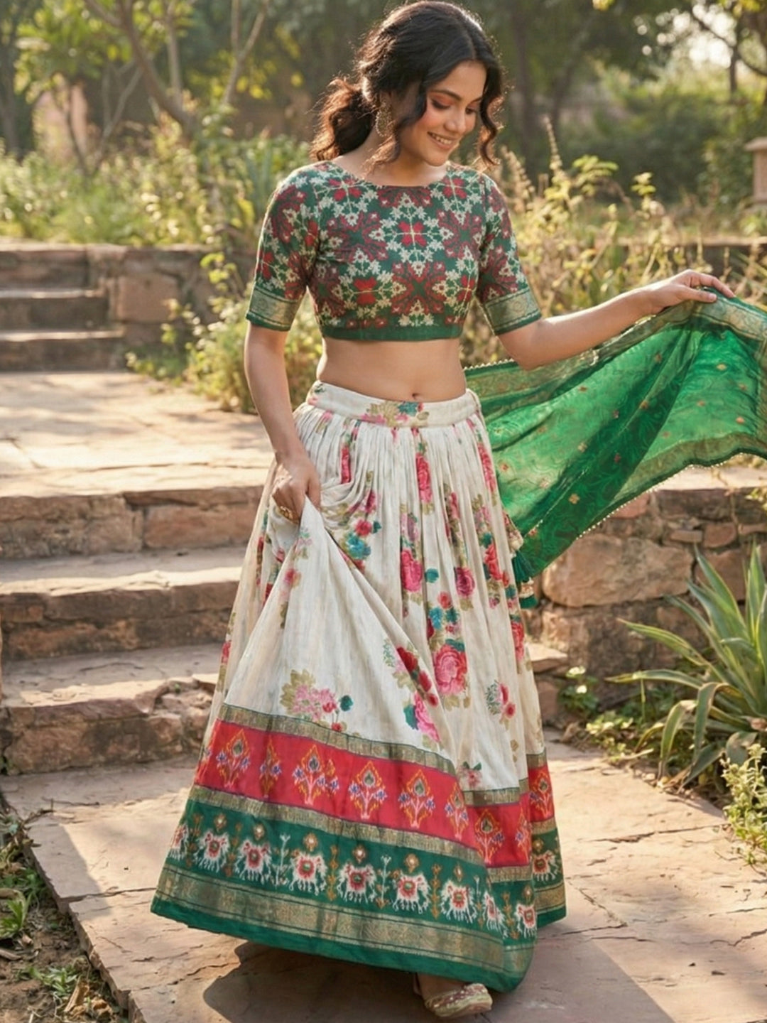 Green Floral Tussar Silk Lehenga Choli Set with Foil Work
