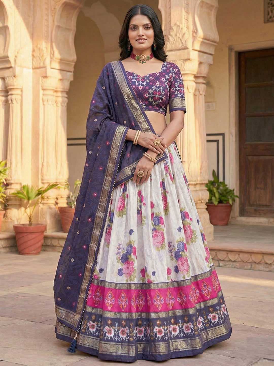 Navy Blue Floral Tussar Silk Lehenga Choli Set with Foil Work